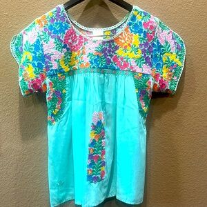 Blue Embroidered Boxy Blouse with Bib Collar